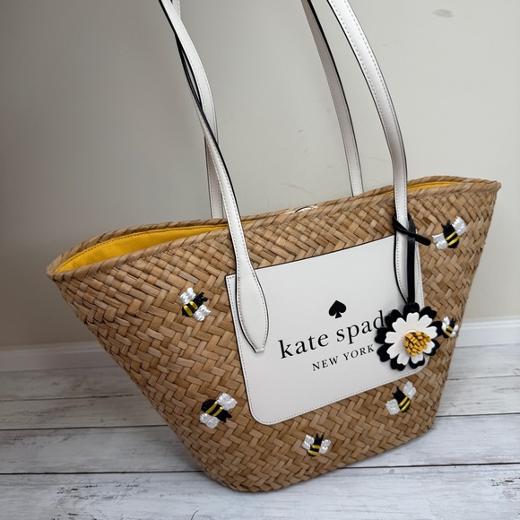 kate spade Handbags - Straw Kate Spade tote bag, bees, shoulder strap NWOT